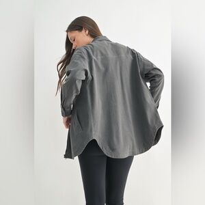 Oversized Full Zip Cargo Pockets Grey Twill Shacket